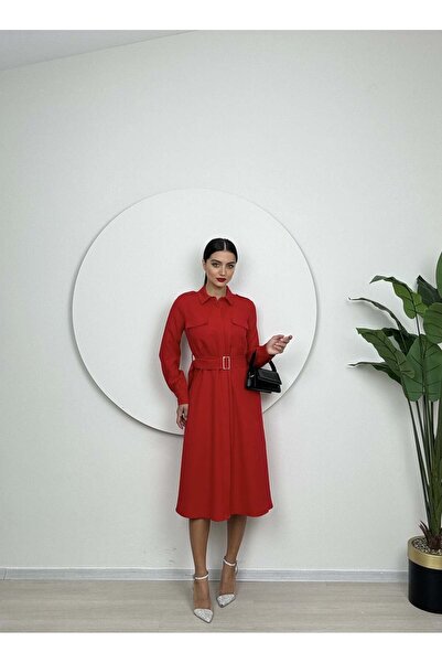 Moda Days Women's Red - Red Midi Shirt Dress with Pocket Detail, Belted, Long...