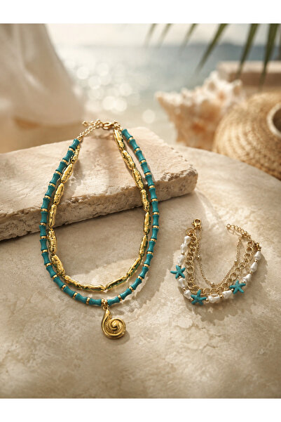Elmosia Jewelry طقم قلادة مزدوجة وأساور متعددة بتصميم مخصص، مجموعة مجوهرات عص...