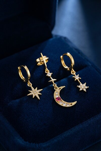 Clariss Gold Color 3-Piece Moon and Star Model Earrings