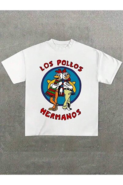 LİNA06 Eye Catching Cartoon Themed White Cotton T - Shirt With 'Los Pollos He...