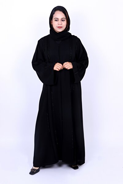 Izzah Bella Classic Black Front-Open Abaya with Delicate Vertical Bead Embell...