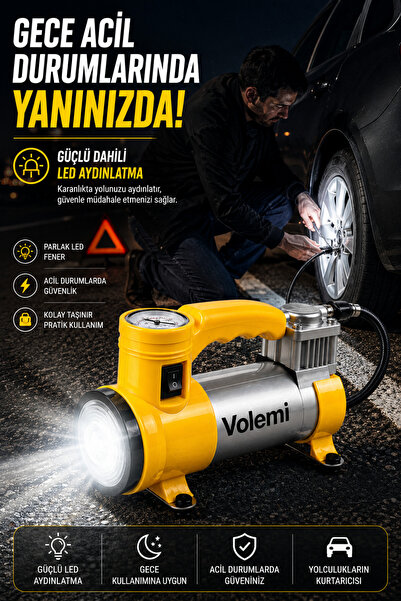 VOLEMİ 12V Araç Lastik Hava Kompresörü 150 PSI Analog Basınç Göstergeli LED Fenerli Taşınabilir Oto Hava Pompası