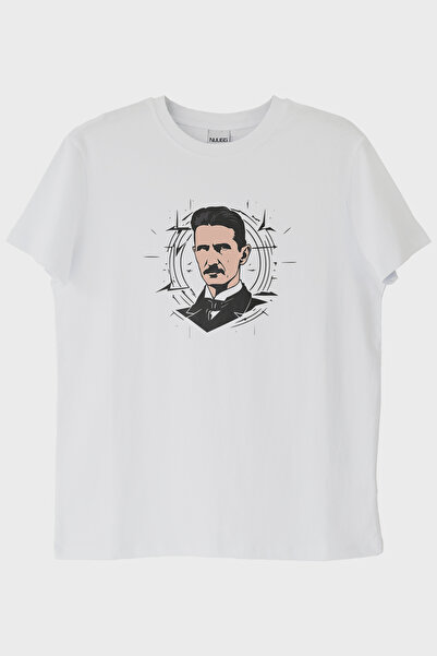 lofux Nikola Tesla Illustration Printed Design White T-Shirt