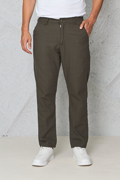 Siyah İz Men's Brown Linen Trousers with Elastic Waist, Comfortable Fit, Summ...