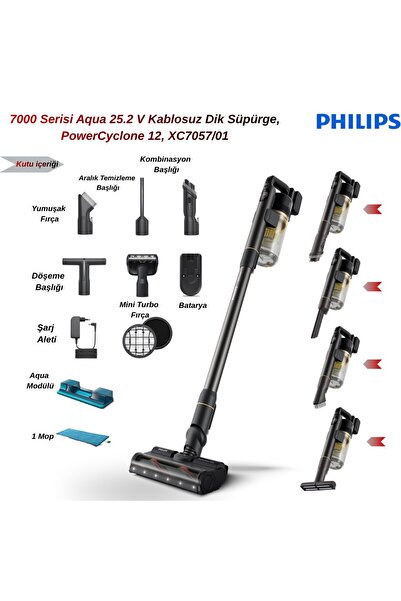 Philips 7000 Serisi Aqua 25.2 V Kablosuz Dik Süpürge, PowerCyclone 12, 80 dk'...