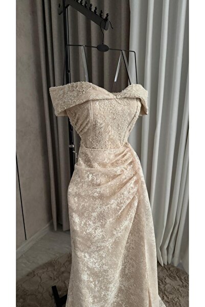 ranin Beige Evening Dress with Lace Embroidery