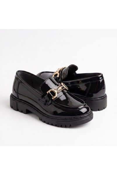 Adım Dünyası Black Patent Leather Classic Loafer Shoes with Gold Buckle and Non-Slip Sole School Shoes