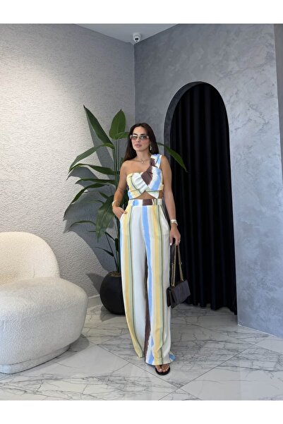 By Merve Darende Tek Omuz Çizgili Büstiyer Pantolon Takım