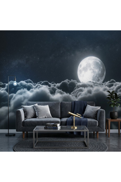 DecorDrive Gece Gökyüzünde Dolunay ve Bulutlar Duvar Kağıdı