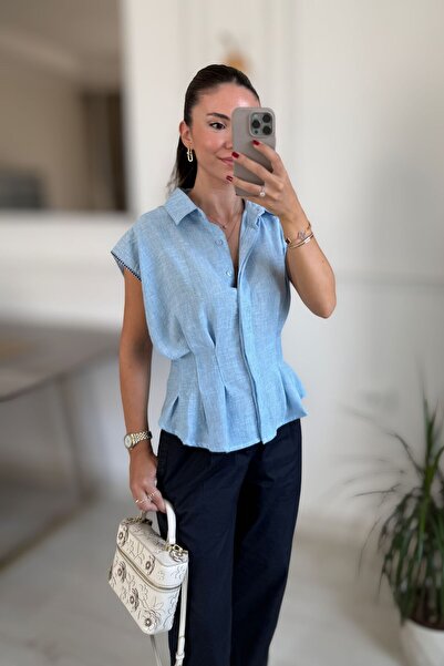 Sena Ceran Butik PİLELİ KETEN KOLSUZ GÖMLEK