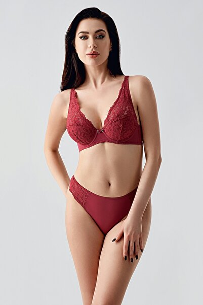 Burgundy Lace Balenli Desteksiz Sütyen Külot Takımı | Bordo Dantelli İki Parça İç Giyim Seti