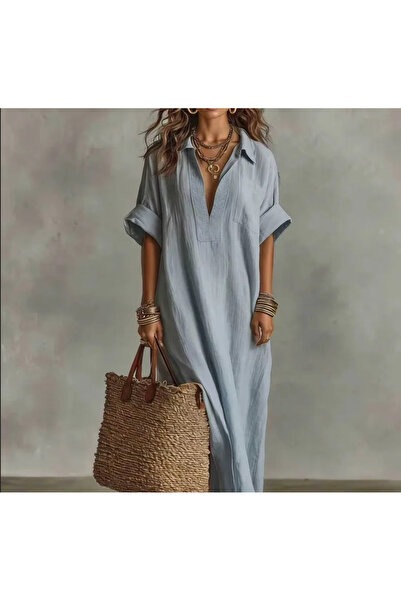 Cristina Serene Λινό μπλέ φόρεμα Boho