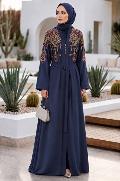Neva Style Ethnic Embroidery Detailed Belted Navy Blue Hijab Robe 29144L