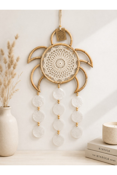 Arvin Atelier Makrome Rüya Kapanı Bambu Halkalı Kapiz Kabuklu Bohem Duvar Süsü