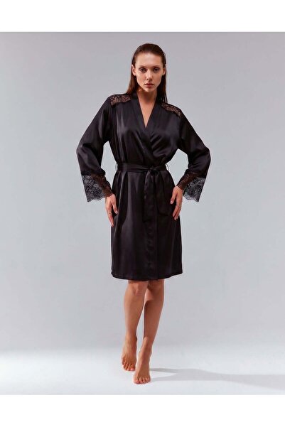 valeza Diana Black Lace Detailed Satin Dressing Gown