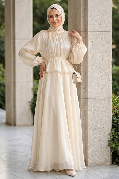 Neva Style Büzgülü Yaka Peplum Janjan Şifon Taş Tesettür İkili Takım 82902TAS