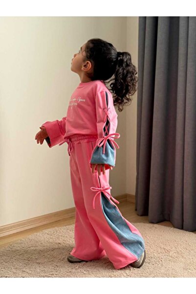 CHİCKİDSWEAR Kız Çocuk Pembe Kot Garnili 2'li Takım Sweatshirt Pantolon