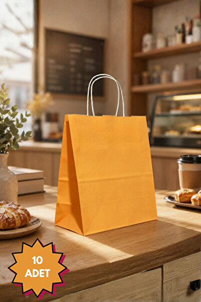 Turuncu Renkli 10 Adet 20x22 Cm Kraft Çanta Hediye Poşeti , Hediye Paketi , Kraft Kağıt Çanta