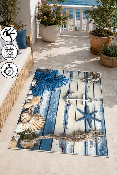 blcmoda Mavi Marine Temalı Çapa Desenli Baskılı Yıkanabilir Kaymaz Taban Salo...