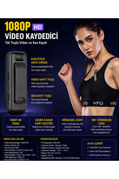 AteşTech 1080P HD Gece Görüşlü Mini Cep Kamerası Yaka Kamerası Video ve Ses Kaydedici 180° Dönebilen Lens 32GB Kart Destekli