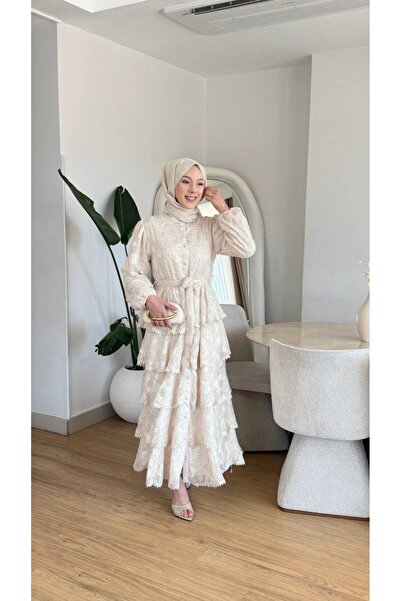 Nes Moda Kadın İşleme Detaylı Dantelli Kat Kat Volanlı Bel Bağlamalı Tesettür...