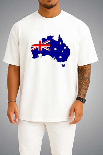 Bahriyeli Collection Oversize Australia Flag and Map Chest Printed Unisex T-S...