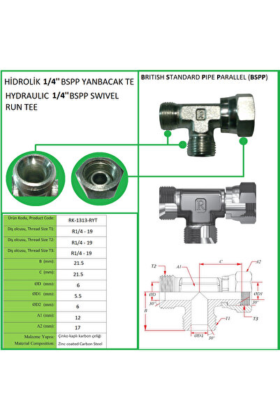 HİDROLİK 1/4'' BSP DÖNER BAŞLIK YANBACAK TE. HYDRAULIC 1/4" BSP SWIVEL RUN TEE