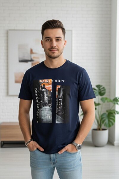 OEM Tricou bărbătesc din bumbac cu imprimeu urban, mâneci scurte, guler rotun...
