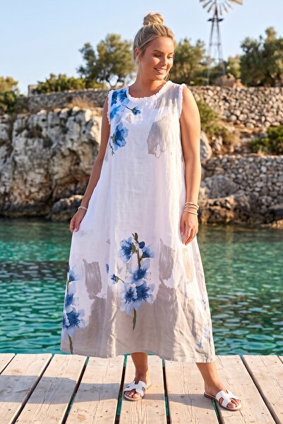 Chiccy Ιταλικό Λευκό Φόρεμα με Στρογγυλή Λαιμόκοψη, Αμάνικο, με Λουλουδάτες Ρ...