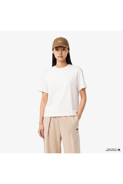 Lacoste Kadın Loose Fit Bisiklet Yaka Beyaz T-Shirt
