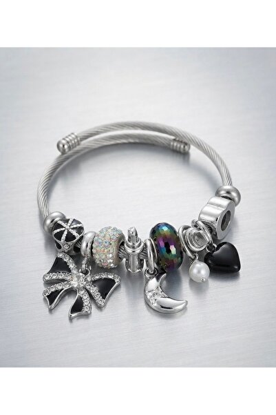 VLDORO Black Stone Ribbon and Crescent Detailed Steel Charm Bracelet