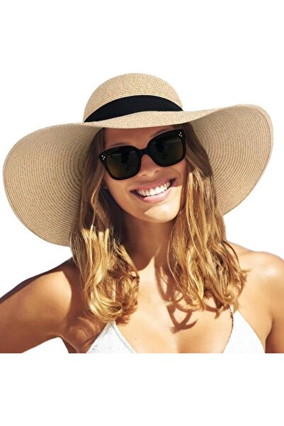 STARSTAR Foldable Portable Soft-Brimmed Off-White Beach Sun Protection Straw Hat