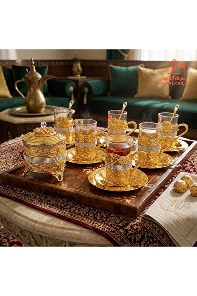 LUXURY طقم شاي مع 6 أكواب زجاجية مزخرفة بالذهب، و6 صحون على الطراز العثماني، ...
