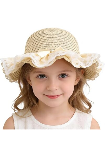 STARSTAR Children's straw hat with ruffled lace trim, wide-brimmed beach hat ...