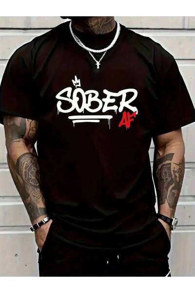 LİNA06 Men's SOBER Graphic Print-Shirt Bold Black & Red Tee, Lightweight Ever...