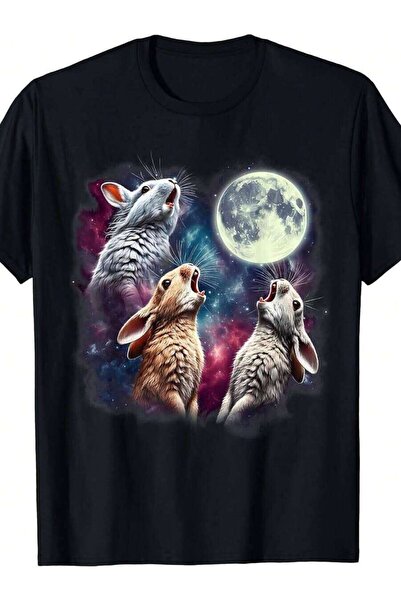 21JNRY Funny Three Rabbits Howling At Moon T-Shirt Retro Meme Bunny Graphic T...