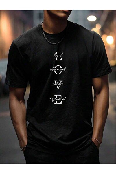 LİNA06 1pc Man' S Loyal Observer Print Black TShirt, Crew Neck, Cotton Tee, M...