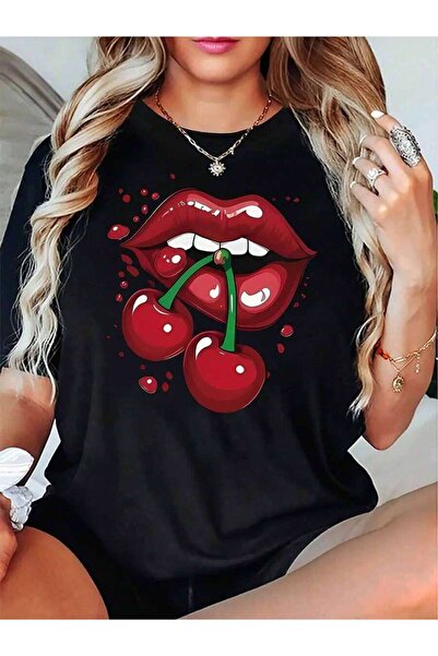 LİNA06 Creative Cherry Lips Design, Fashionable Stylish Pattern, Women'S Shor...
