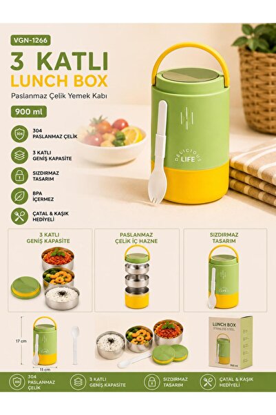 Vagonlife Vgn-1266 Green 900 ml 3-Tier Cylinder Stainless Steel Lunch Box