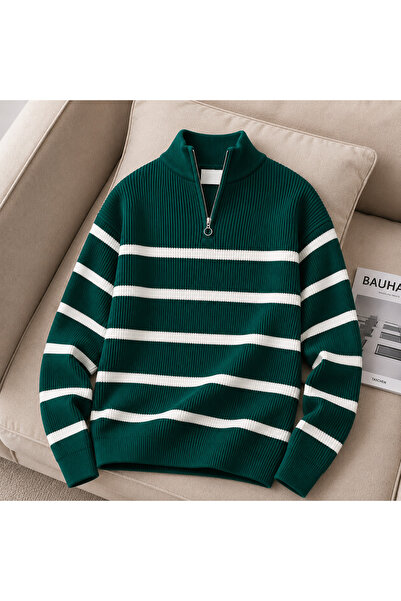 threeoff Men's Premium Ribbed Striped Knitwear Sweater with Half Zipper Moder...