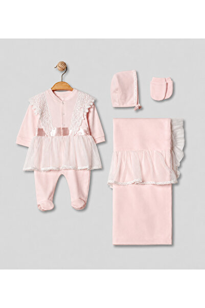 Pugi Baby Lace Detailed Baby Girl Romper, Blanket, Hat and Glove Set