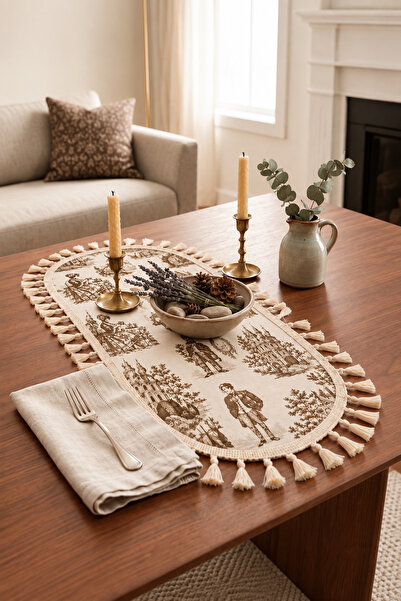 Luxoras Home Fransız Şato Desenli Duck Kumaş 30x80 Püsküllü Oval Runner