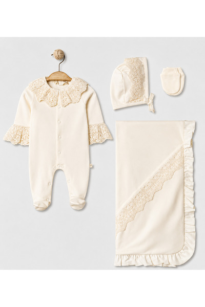 Pugi Baby Lace Detailed Baby Girl Romper, Blanket, Hat and Glove Set