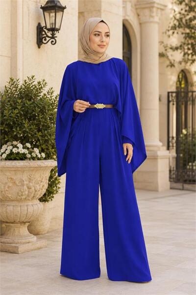 Neşeli Butik Women's Saks Gold Belt Detailed Crepe Hijab Jumpsuit with Detach...