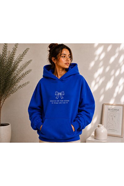 TREND EMMODA Women's Oversize Bow Printed Hooded Sweatshirt