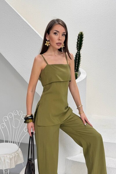 NEW STATION Women's Thin Straps Slit Detail Woven Modal Fabric Blouse and Pan...