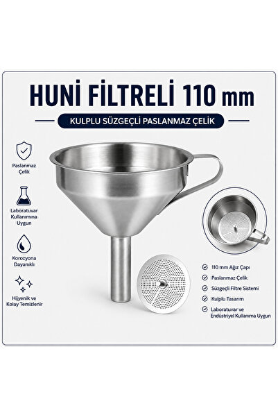 Labolist Huni Filtreli 110 mm - Kulplu Süzgeçli Paslanmaz Çelik