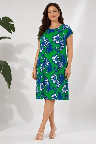 Seamoda Floral Patterned Short Sleeve Viscose Dress-Green
