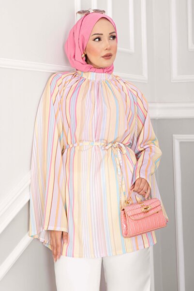 EBRUTESETTÜR Belden Bağcıklı Güncel Desen Etek Ve Pantolon Üstü Tunik Sarı