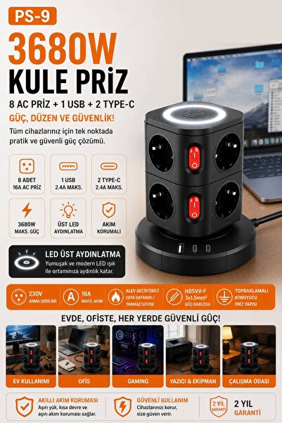 Kılıforyum 3680W Akım Korumalı Kule Priz 8 AC Priz 1 USB 2 Type-C Çoklu Priz ...